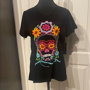 Black Floral Skull Graphic Tee (E)